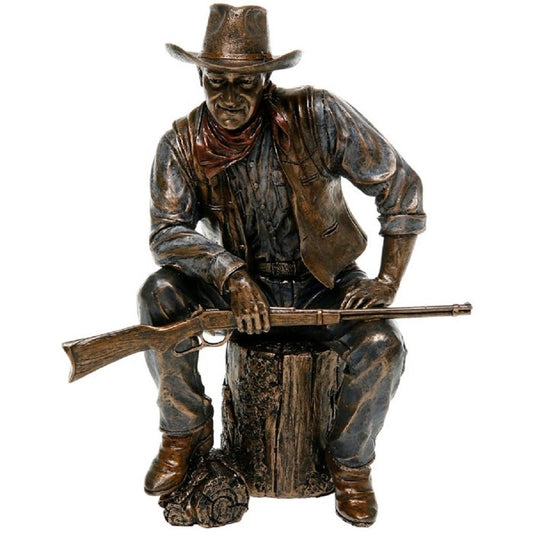 John Wayne Cowboy Sitting On Log Bronze Statue Ornament Gift Boxed