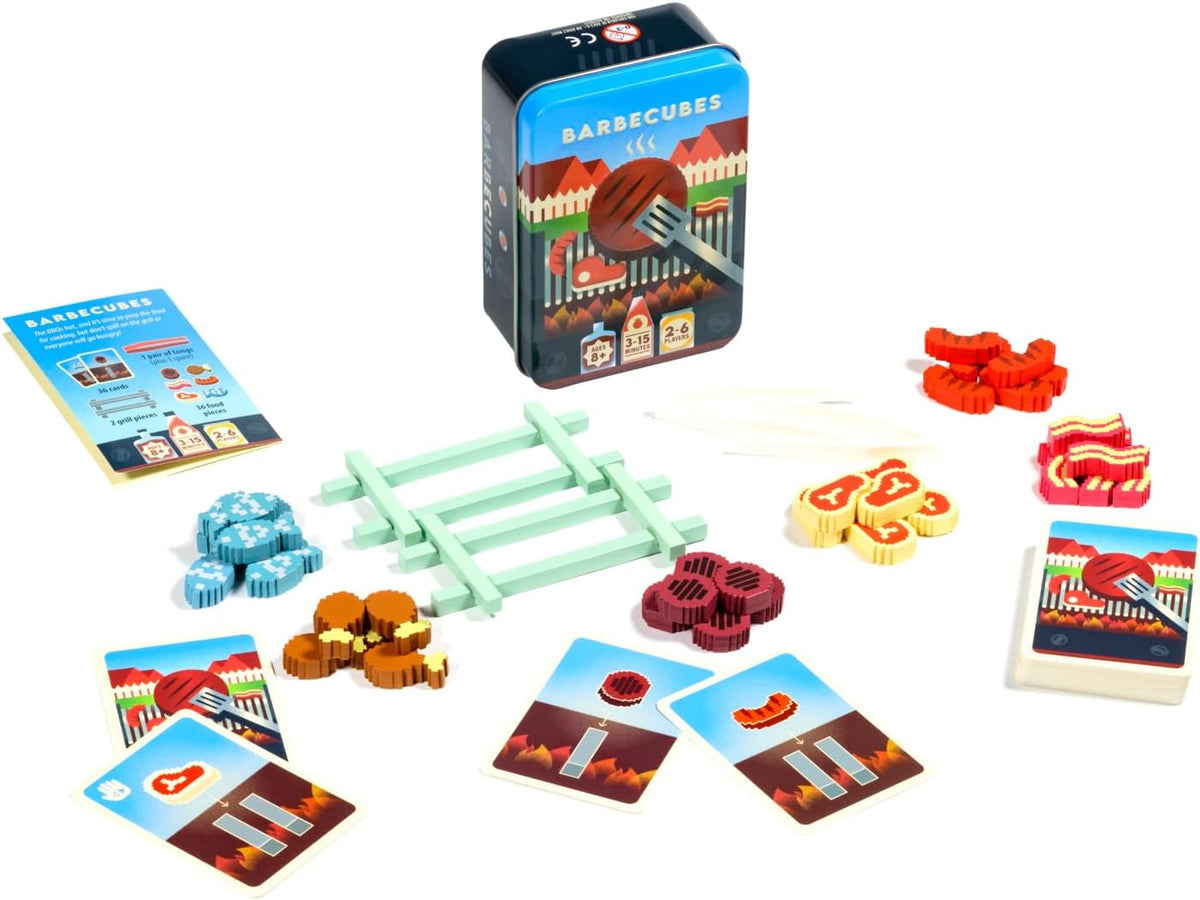 Alley Cat Games Barbecubes Meat Edition Ages 8+ | 2-6 Players | Dexterity Stacking Game | Skill & Balance Card and BBQ Grill Game in Travel Tin | Tabletop Challenge | Travel Game