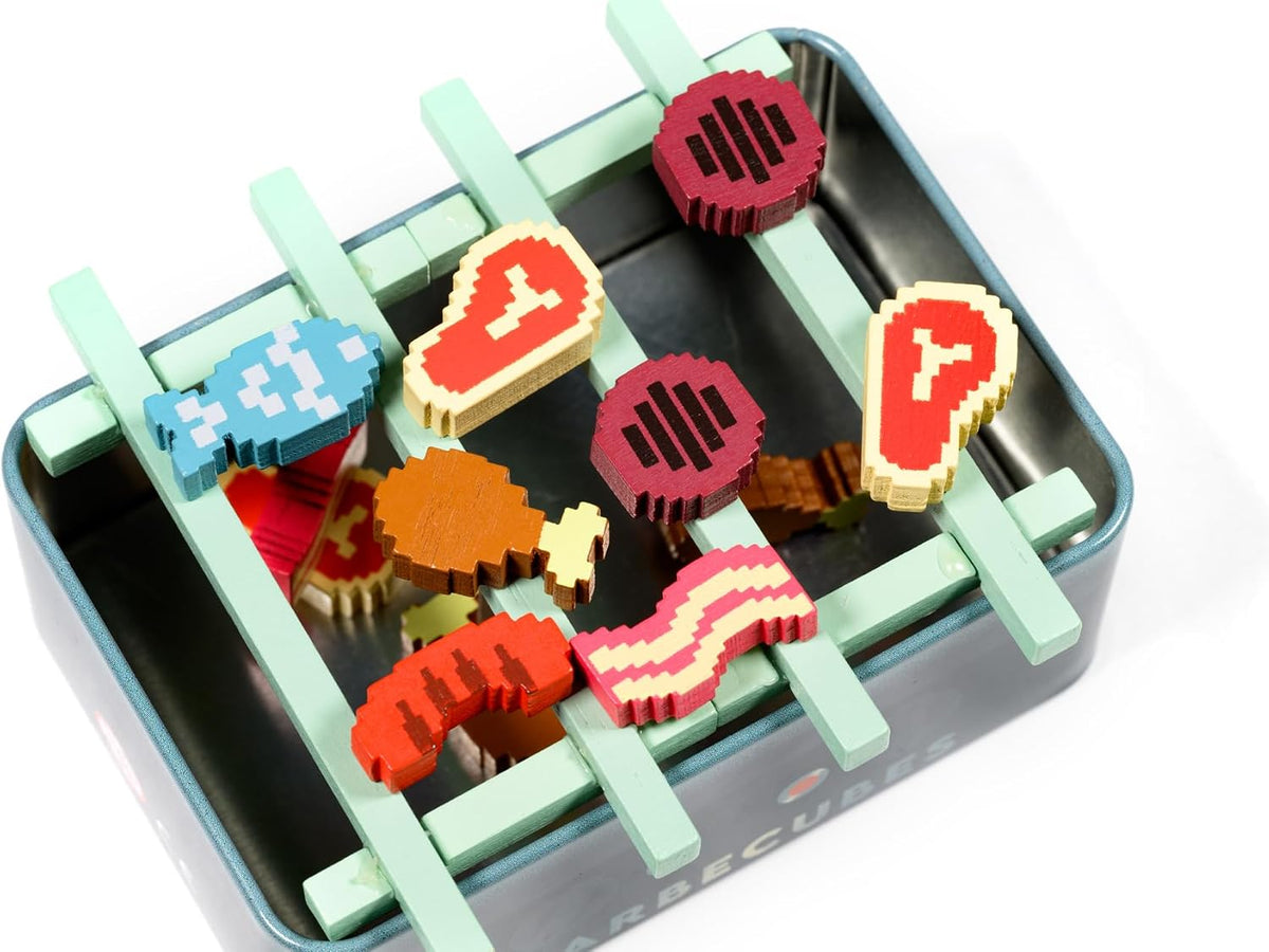 Alley Cat Games Barbecubes Meat Edition Ages 8+ | 2-6 Players | Dexterity Stacking Game | Skill & Balance Card and BBQ Grill Game in Travel Tin | Tabletop Challenge | Travel Game