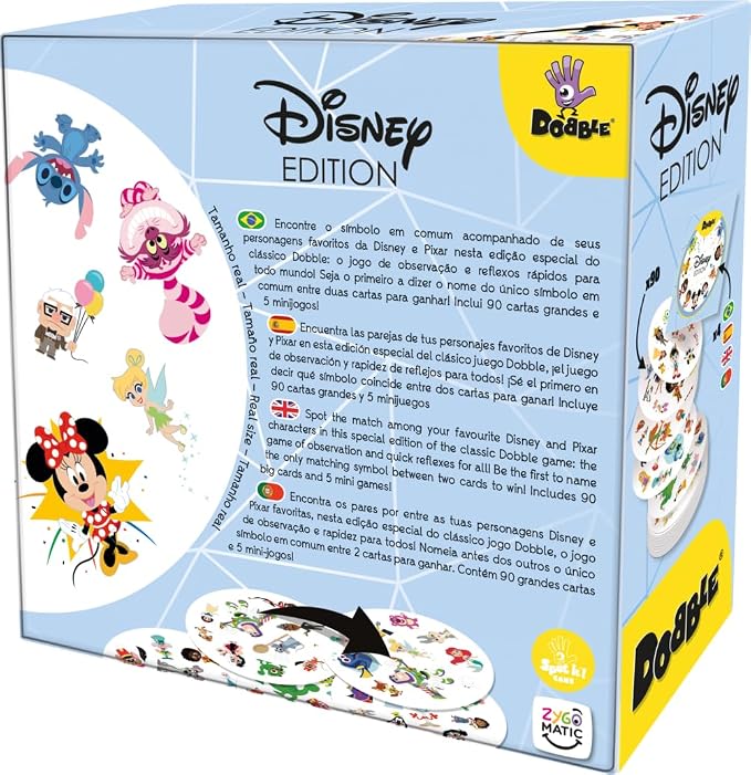 Zygomatic Dobble Disney Edition, Aktions- und Reflexionskarten für Erwachsene und Kinder, ab 6 Jahren, 2 bis 8 Spieler, 15 Minuten pro Spiel, mehrsprachig – Spanisch