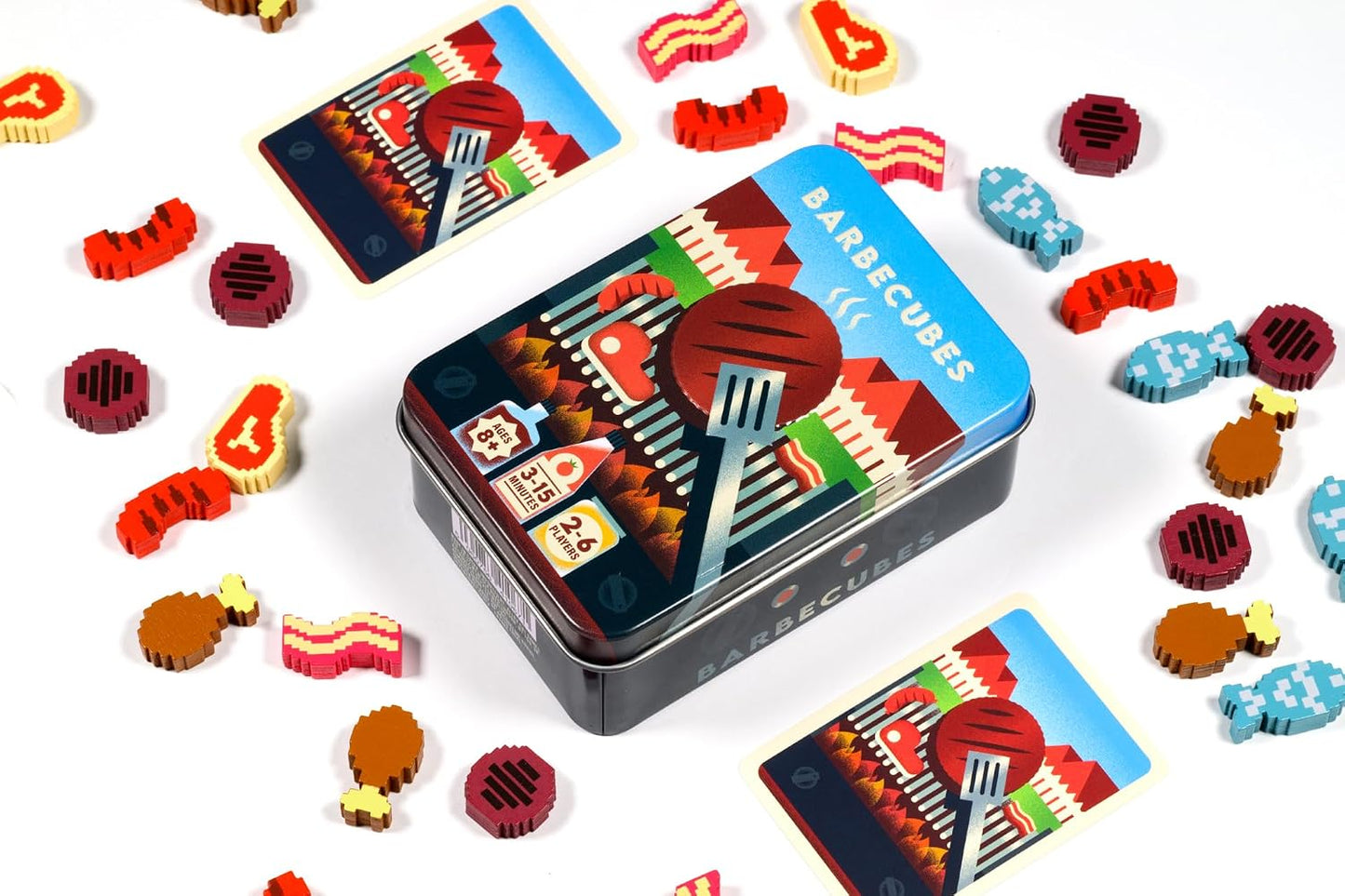 Alley Cat Games Barbecubes Meat Edition Ages 8+ | 2-6 Players | Dexterity Stacking Game | Skill & Balance Card and BBQ Grill Game in Travel Tin | Tabletop Challenge | Travel Game