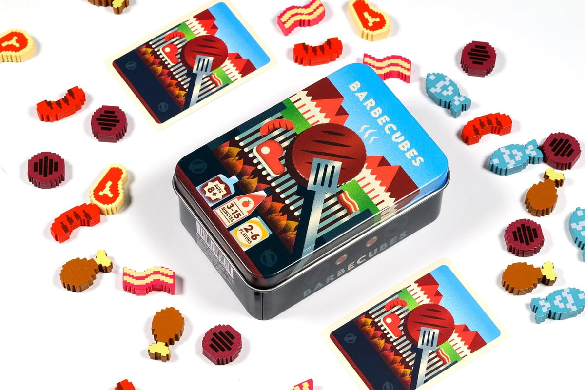 Alley Cat Games Barbecubes Meat Edition Ages 8+ | 2-6 Players | Dexterity Stacking Game | Skill & Balance Card and BBQ Grill Game in Travel Tin | Tabletop Challenge | Travel Game