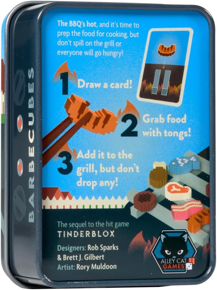 Alley Cat Games Barbecubes Meat Edition Ages 8+ | 2-6 Players | Dexterity Stacking Game | Skill & Balance Card and BBQ Grill Game in Travel Tin | Tabletop Challenge | Travel Game
