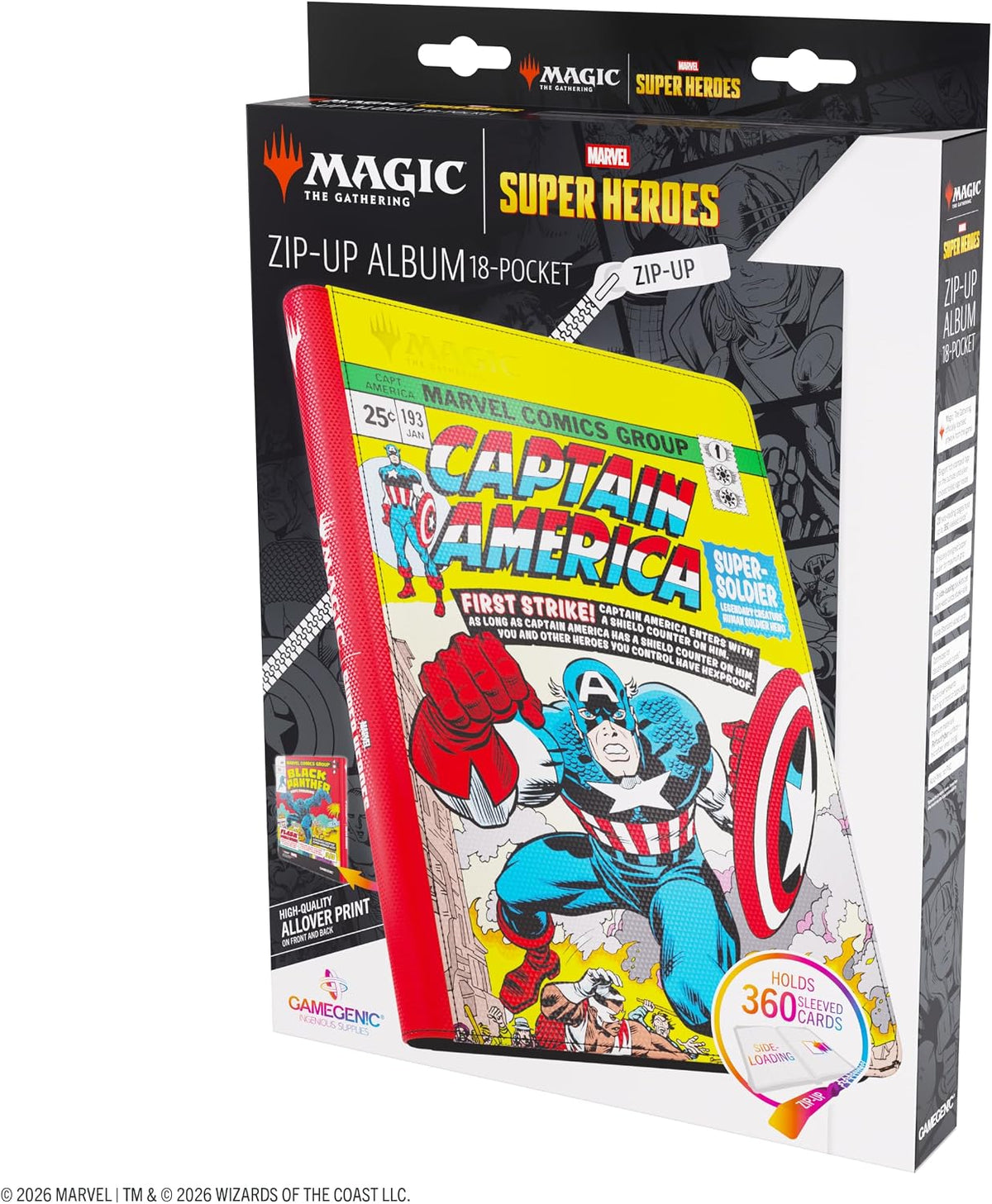 Gamegenic | Magic: The Gathering | Marvel Super Heroes Zip-Up Album 18-Pocket - Captain America/Black Panther | Trading Card Game Accessory |Ages 13+