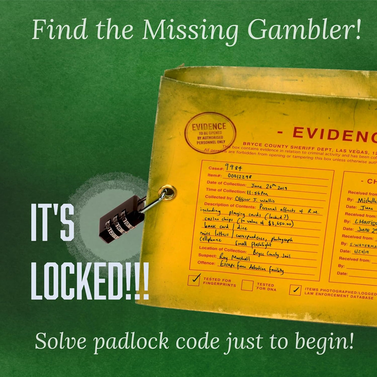 The Vanishing Gambler – Escape Room Game Mystery | Real Casino Props & Padlocks | 18+ Puzzles | Hidden Websites | Resettable | 1–5 Players | Ages 14+ | All Skill Levels | By Henry Lewis
