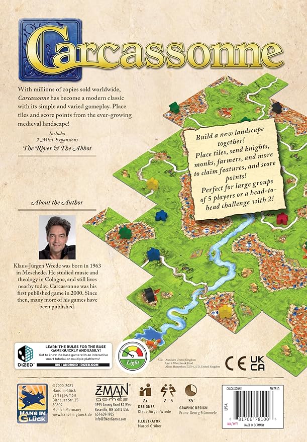 Z-Man Games, Carcassonne, Brettspiel, ab 7 Jahren, 2-5 Spieler, 45 Minuten Spieldauer