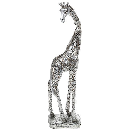 SILVER GIRAFFE STANDING WITH LEAF DETAIL FIGURE ORNAMENT 38cm